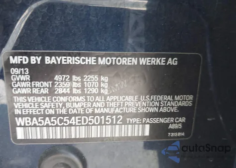 2014 BMW 528I z USA, uszkodzony, nr VIN WBA5A5C54ED501512